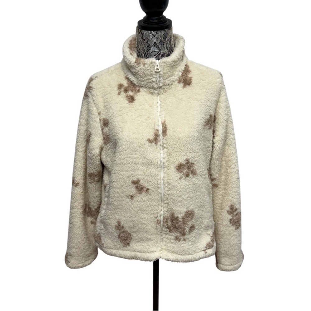NWT Lucky Brand Medium Cream Floral Sherpa Fleece Full Zip Teddy Jacket Winter
